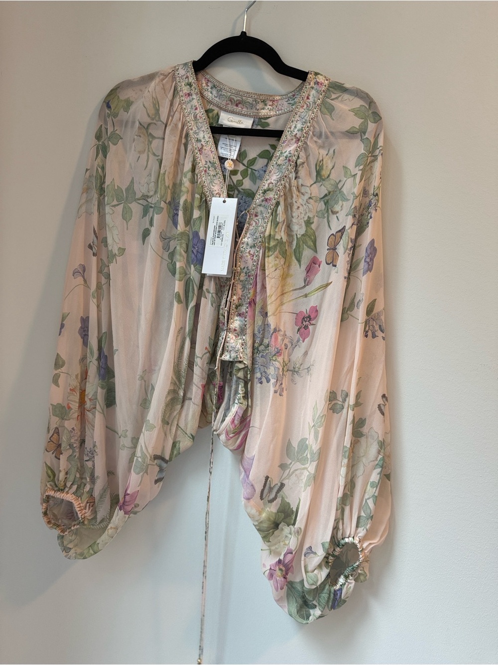 NWT Camilla Crystal Embellished Silk Top Multi Billow Sleeve XL